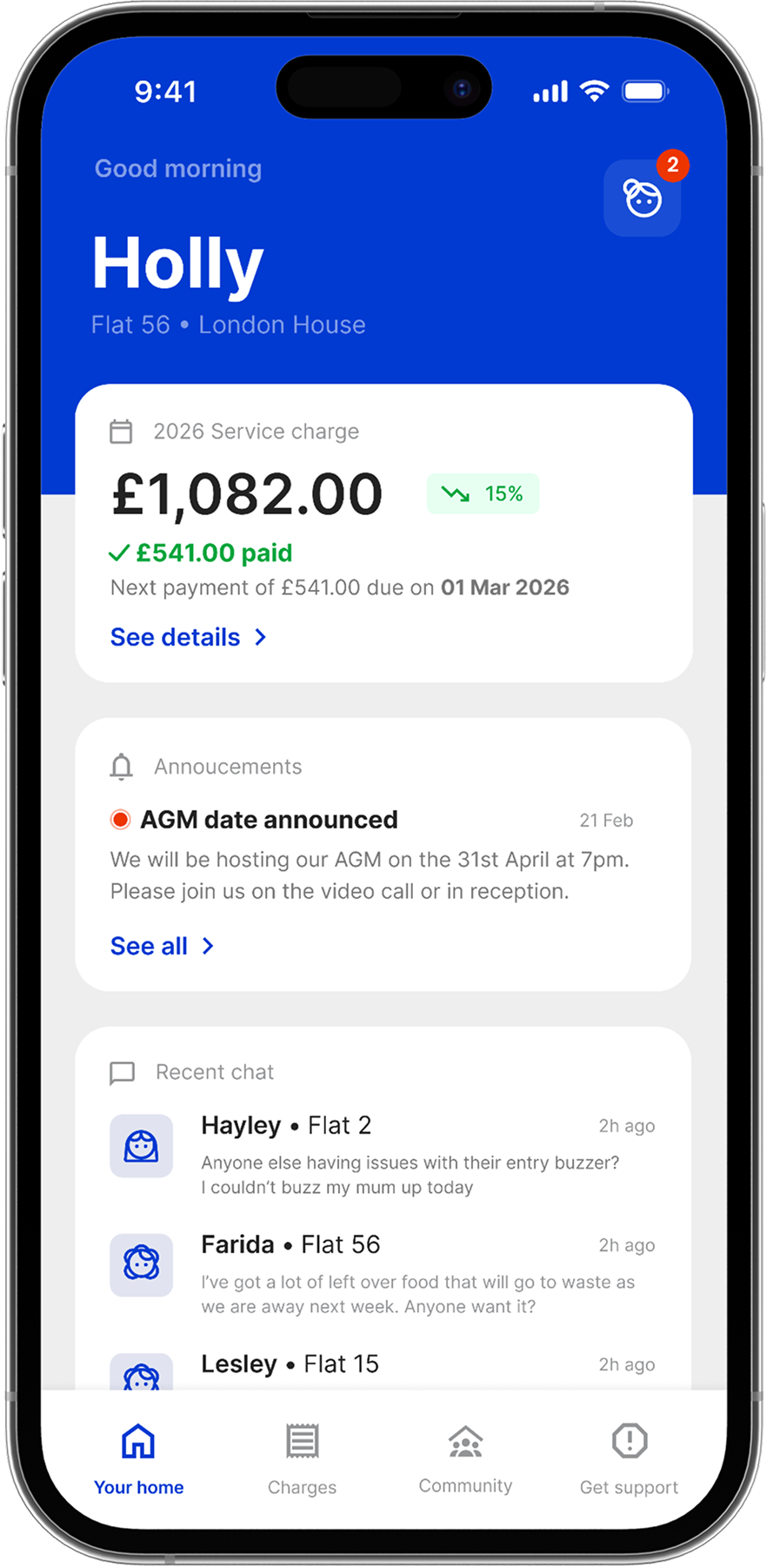 co/co app home screen showing service charge, announcements and resident chat